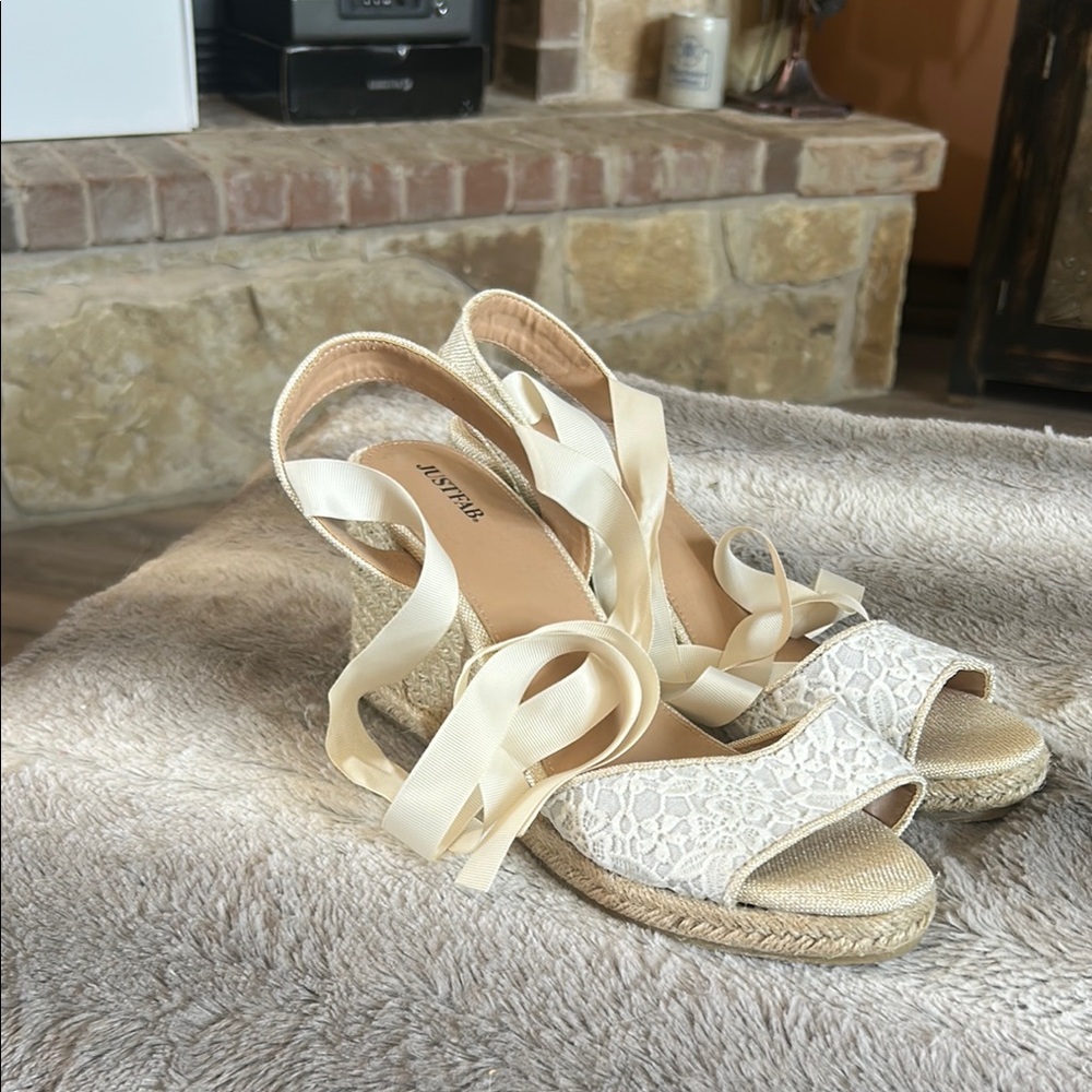 JustFab Cream Lace Espadrille Wedges